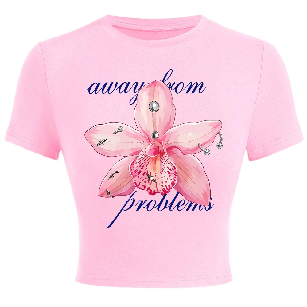Away From Problems Flower Prints Women Crop T-Shirts Summer Soft High Elastic Tops Fitting Slim Streetwear Casual O-Neck Clothes