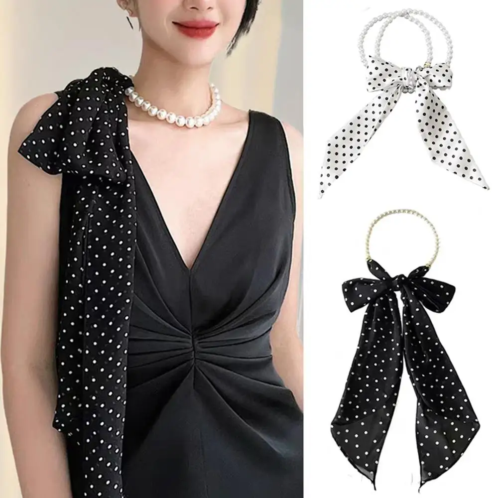 

Versatile Pearl Splicing Scarf Classic Polka Dot Scarf Women Waist Belt Decorative Bag Strap Ribbon Headbands Elegant Hair Scarf