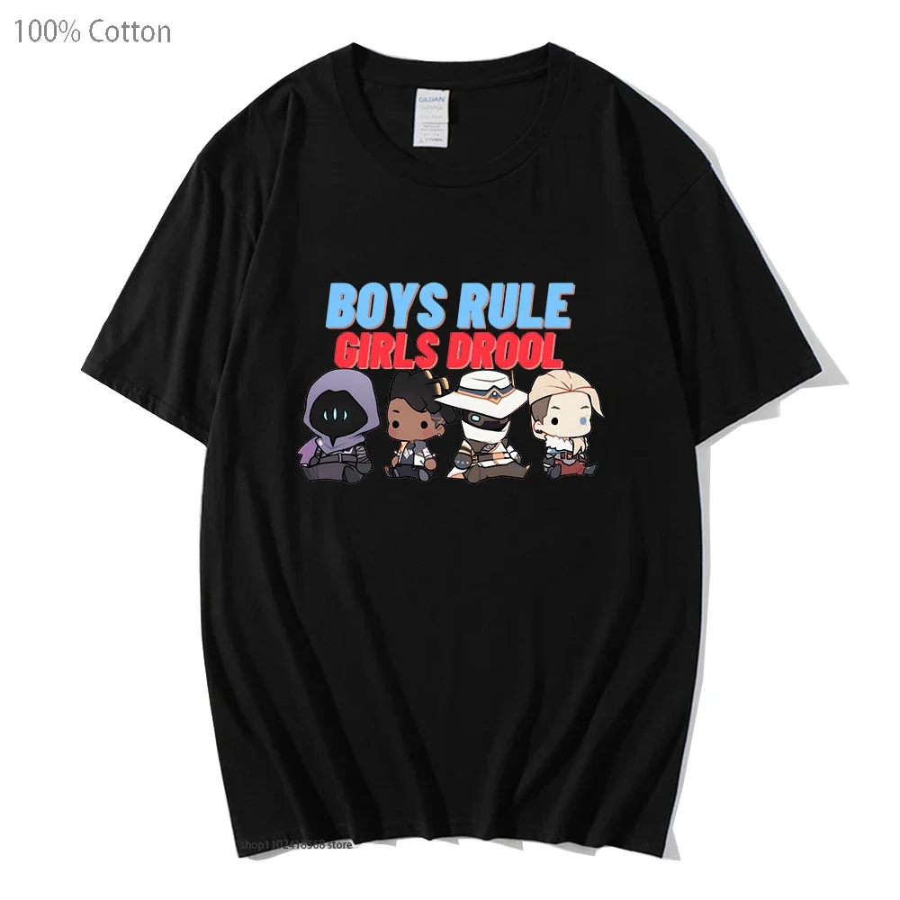 Valorant Tshirt Omen Cypher Sova Boys Rule Girls Drool Cute Cartoon Shirt O-Neck Unisex Tops Short Sleeve Men Clothing Women Tee