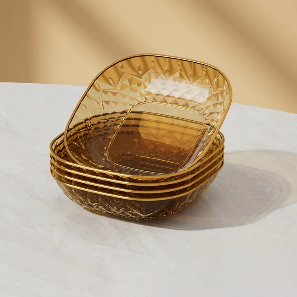 5PCS Kitchen Tableware Square Snack Plate Golden Trim Transparent Appetizer Plate Plastic Dining Table Waste Dish Fruit