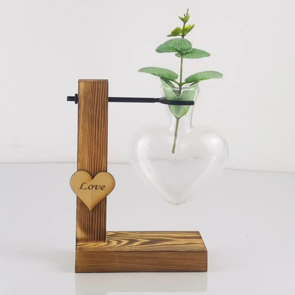 Wooden Stand Wood Frame Vase Heart Shape Glass Transparent Glass Vase Transparent Thickened Hydroponic Flower Vase Living Room