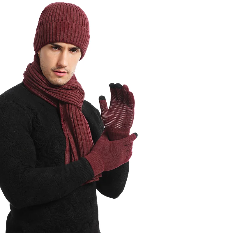 3Pcs/Set Warm Winter Hat Scarf Gloves Set Thicken Knit Beanie Snood Set Elastic Soft Scarf Neck Warmer for Men Women Outdoor