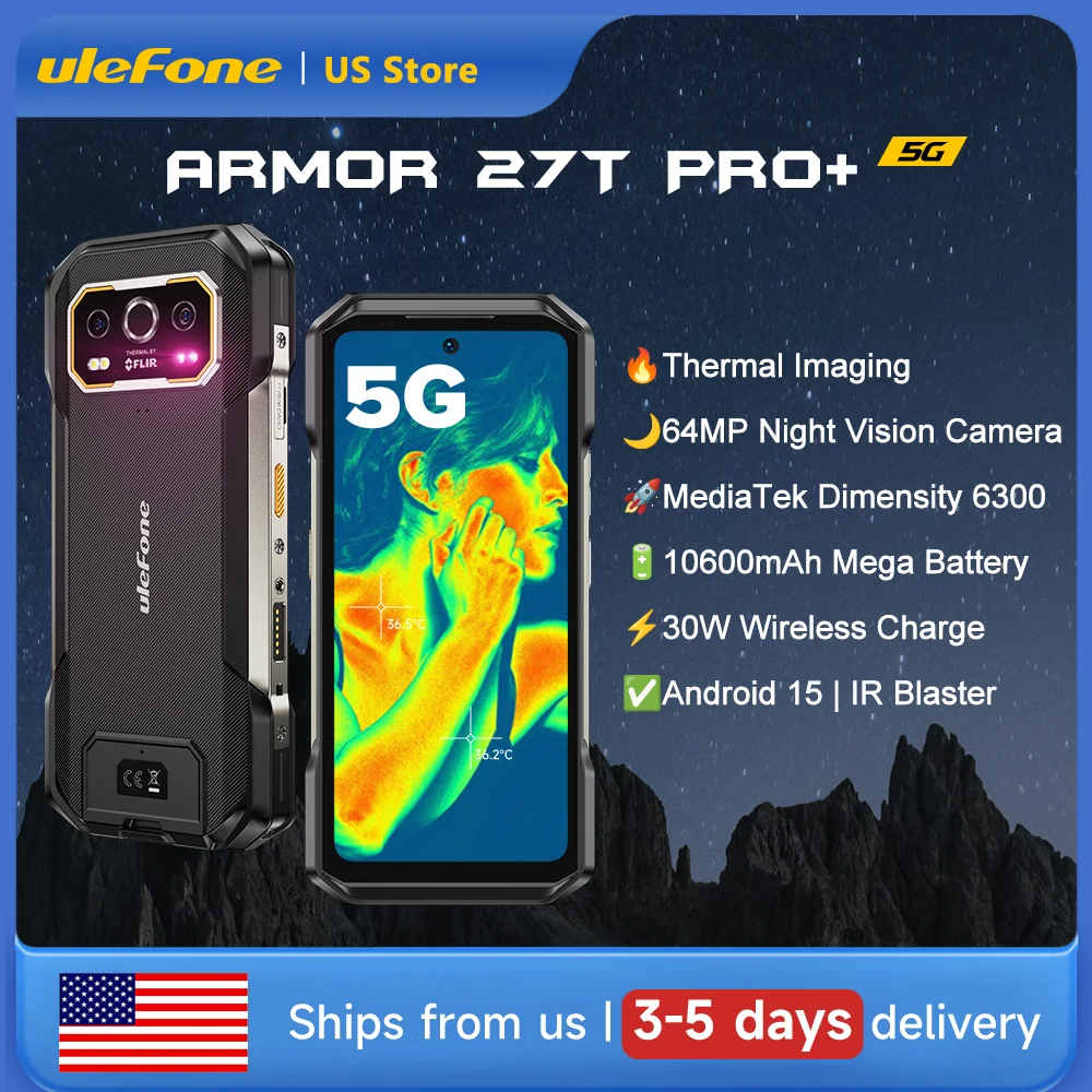Ulefone Armor 27T Pro+ 5G THERMAL BY FLIR® Rugged Phone Android 15 10600mAh Smartphone 64MP 6.78'' 24GB+256GB Mobile Phone NFC