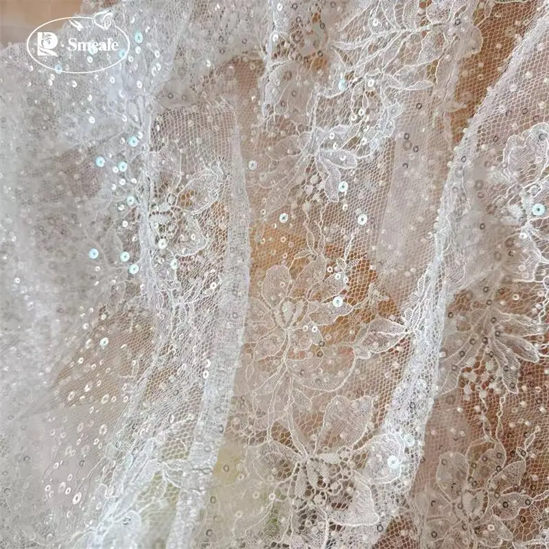 SMEALE Weiße Perlen Pailletten Spitzenstoff Luxuriöses Abendkleid Französische Spitze Braut-Hochzeitsstoff. Stoffe zum Nähen – Detail 4