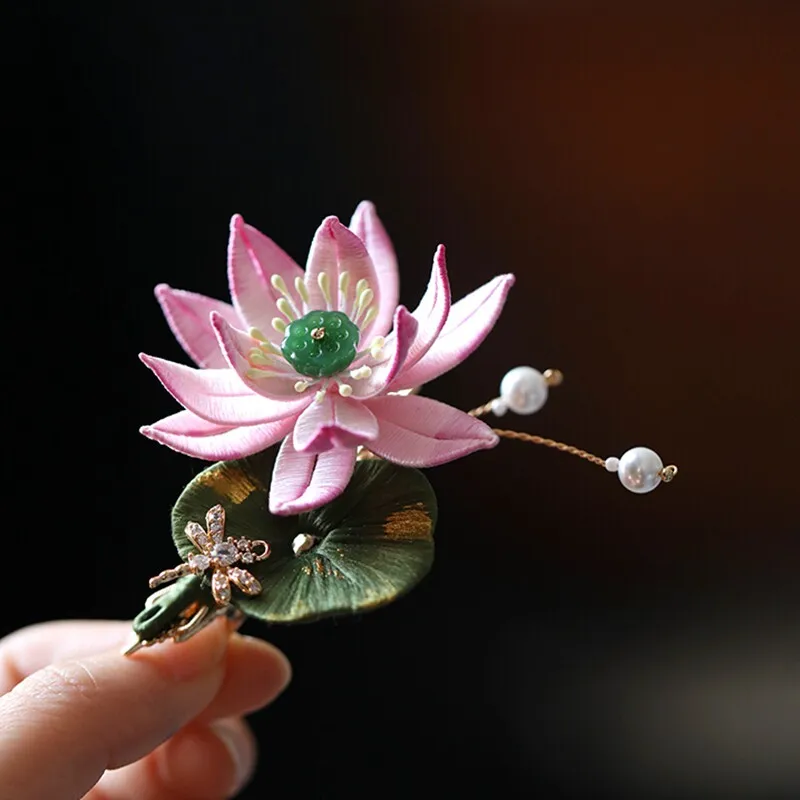 Handmade flower-wrapped lotus hairpin New Chinese girly temperament hair accessories Antique Hanfu accessories clip Side headdre