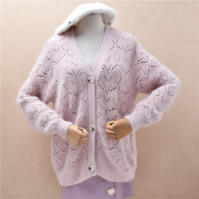 

Женские осенне-зимние модные розовые жаккардовые полые волосатые волосы ангорского кролика с v-образным вырезом, свободные кардиганы, свитер, куртка, пальто, топ