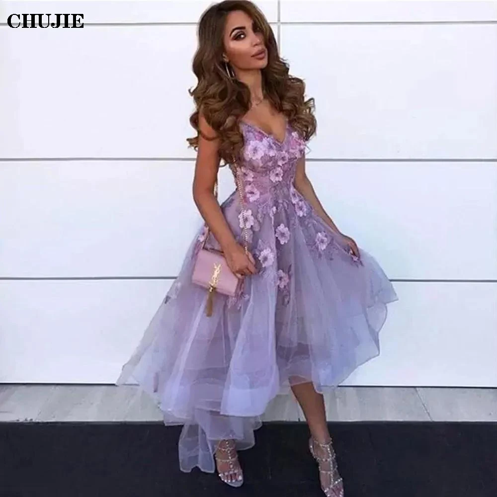 3D Flower Lavender Prom Dress Cocktail Dresses High Low V Neck Lace Applique Tulle Homecoming Gowns Vestido de graduación