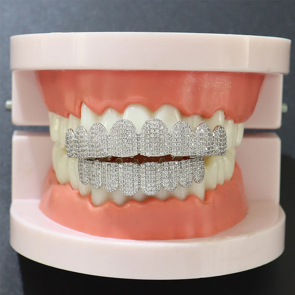 Silver Plated Full Iced Out CZ Zircon Teeth Grillz Top & Bottom Hip Hop Mouth Grills with Silicone Molds for Rapper Cosplay view 5