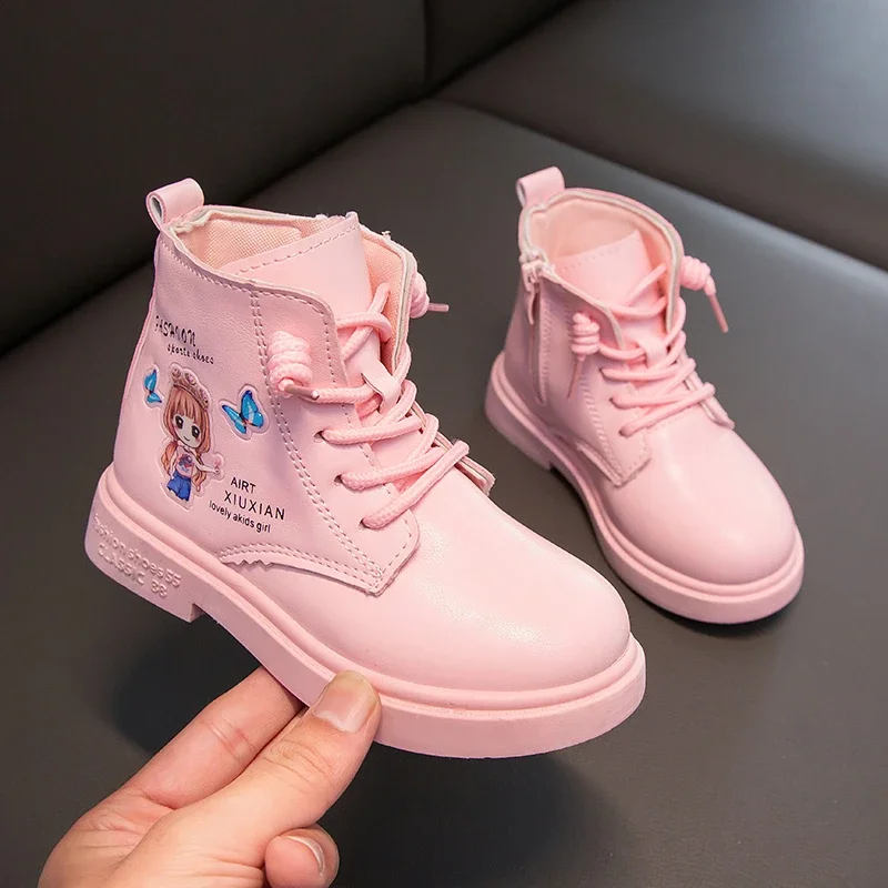 Girls Boots Children's Princess Boots Pink Black Leather Shoes Kid's Sweet Leather Princess Shoe Beautiful Fashion Kid's Boots