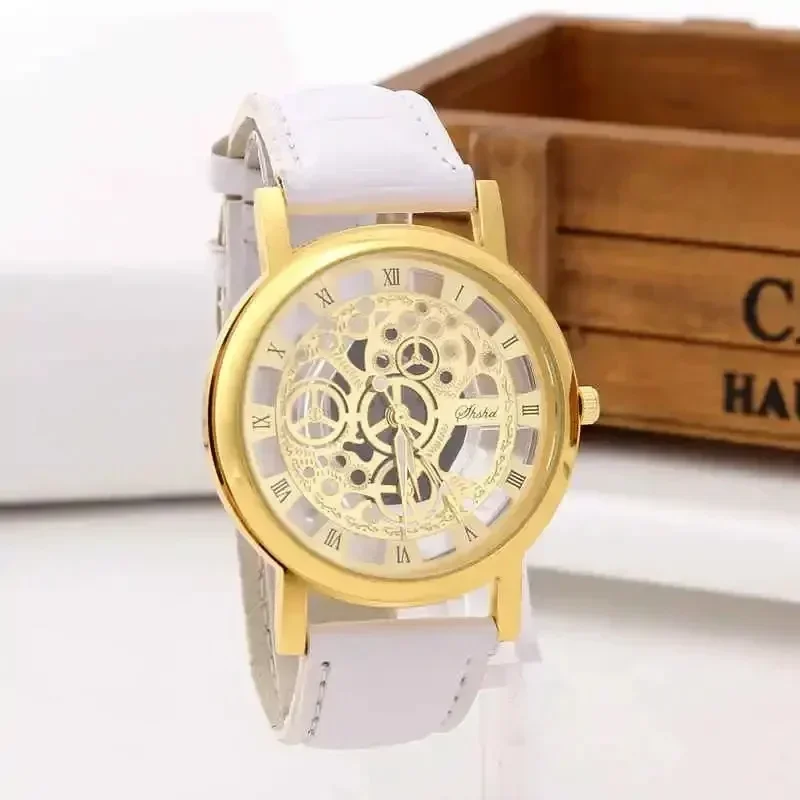 Fashion Imitation Mechanical Men Watch Hollowing Out Skeleton Watches Leather Band Quartz Wristwatches Men Relogio Masculino