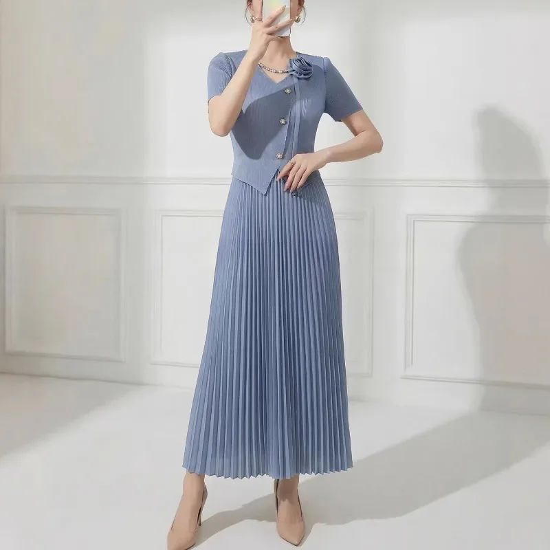 

Плиссированные платья Miyake 2026: Новая летняя коллекция, элегантное модное платье с цветочным узором и дизайном в виде ожерелья, женское, с коротким рукавом, длинное, немнущееся