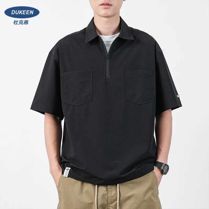 DUKEEN Work Polo Shirt Short-Sleeved Male Summer Loose Tops Quick Dry T-Shirt Vintage Mori Shirt