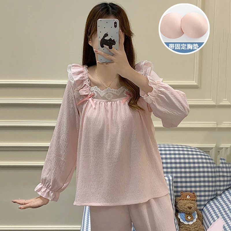 

2025 Autumn Long Sleeve Cotton Pajama Sets for Women Korean Cute Lace Sleepwear Sui Pyjamas Homewear Pijama Mujer Home Clothes