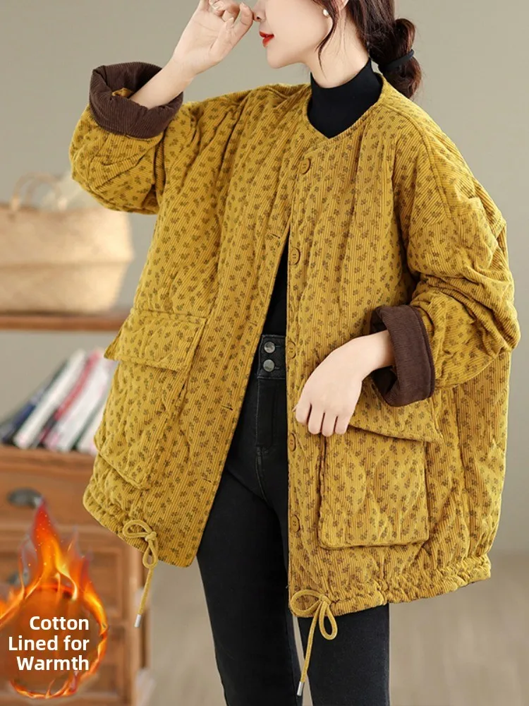 

New Chinese Style Large Size Cotton Jacket with Corduroy Floral Print No Collar Women's Coat Thickened Long Sleeve round Neck