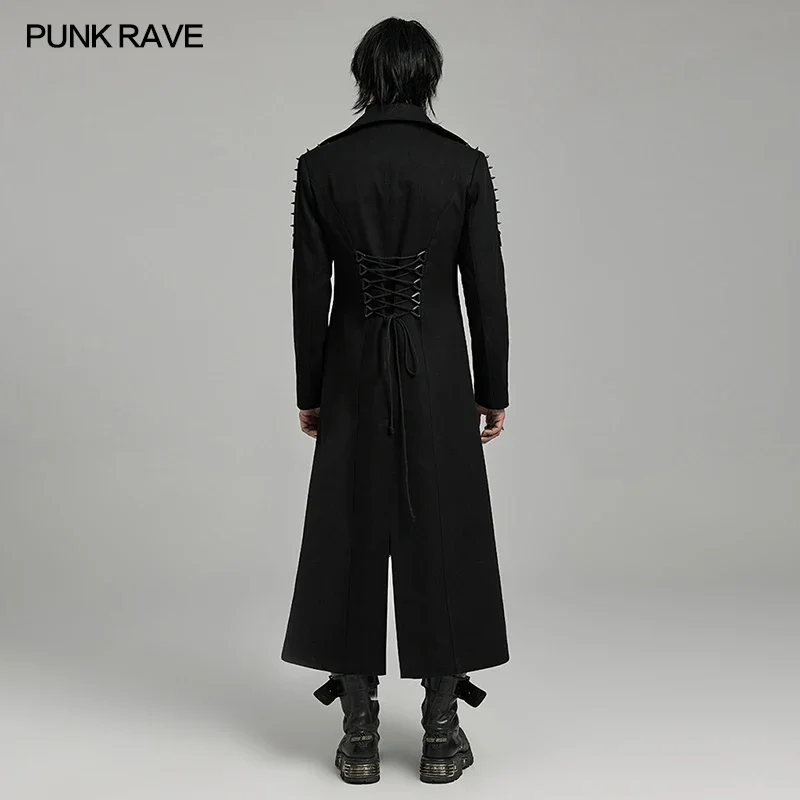 PUNK RAVE Men\'s Punk Heavy Industry Visual Long Coat Flip Collar Design Shoulder Spikes Casual Mens Jacket Autumn