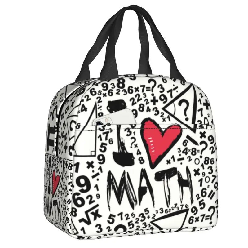 I Love Math Pattern Resuable Lunch Box Leakproof Geek Mathematics Teacher Thermal Cooler Food Insulated Lunch Bag Office Work