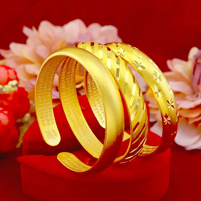 9999 gold bracelet featuring ancient method's Heart Sutra, open Heart Sutra hand ring with sand-like surface, meteor shower