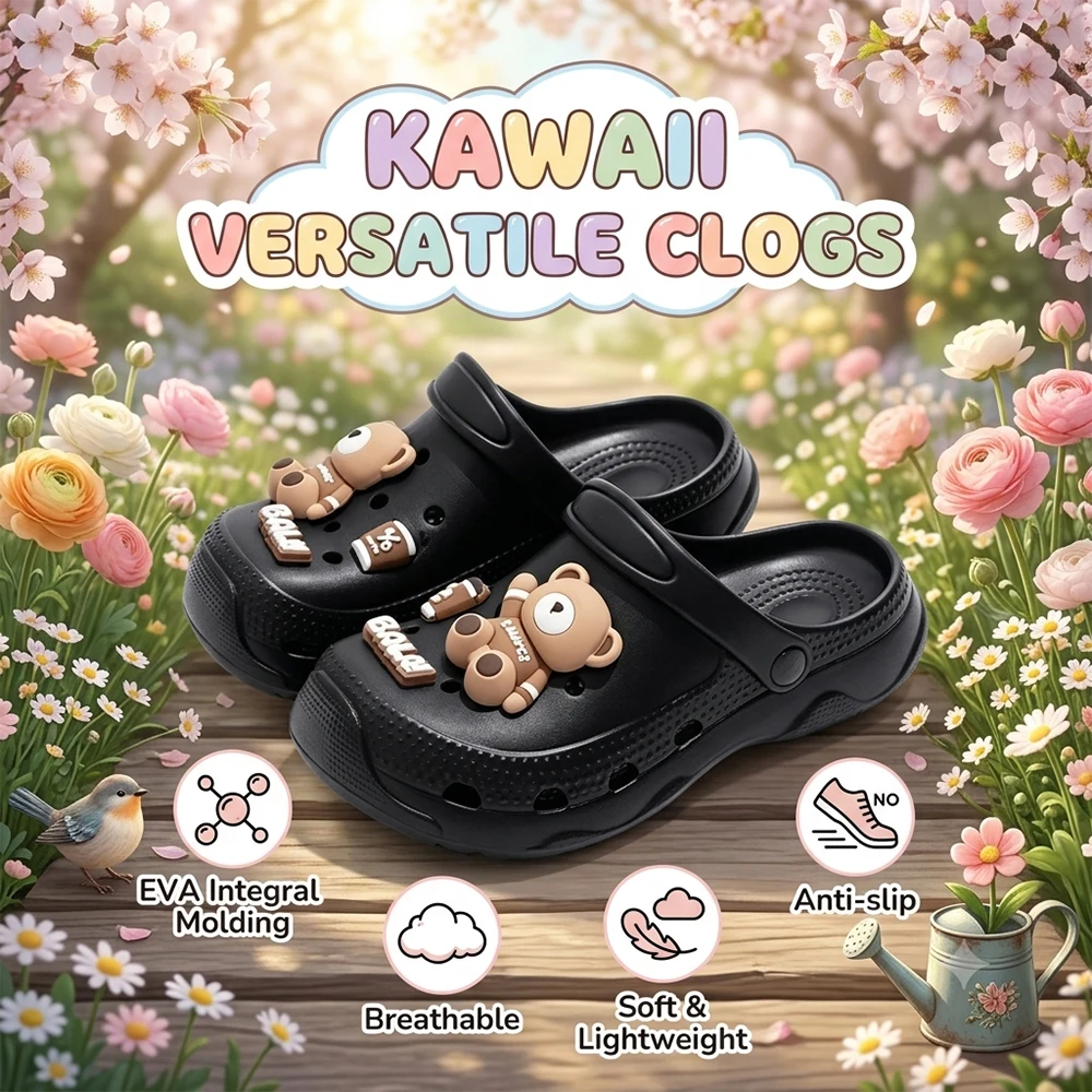 Sabots d'été noirs en EVA souple pour femme, effet amincissant et flatteur, motif ours mignon, chaussures de jardin légères, pantoufles de plage d'extérieur