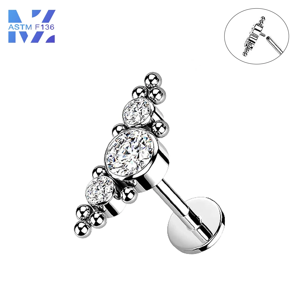 1 Pcs F136 Titanium Stud Earrings Welded Zirconia Internal Thread 16G Ear Bone Studs Shiny Trendy Earrings Body Piercing Jewelry