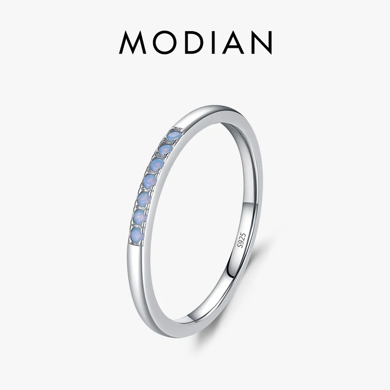 Modian 925 Sterling Silver Simple Blue Opal Pave Setting Finger Ring Exquisite Stackable Wedding Jewelry For Women Girls Gift