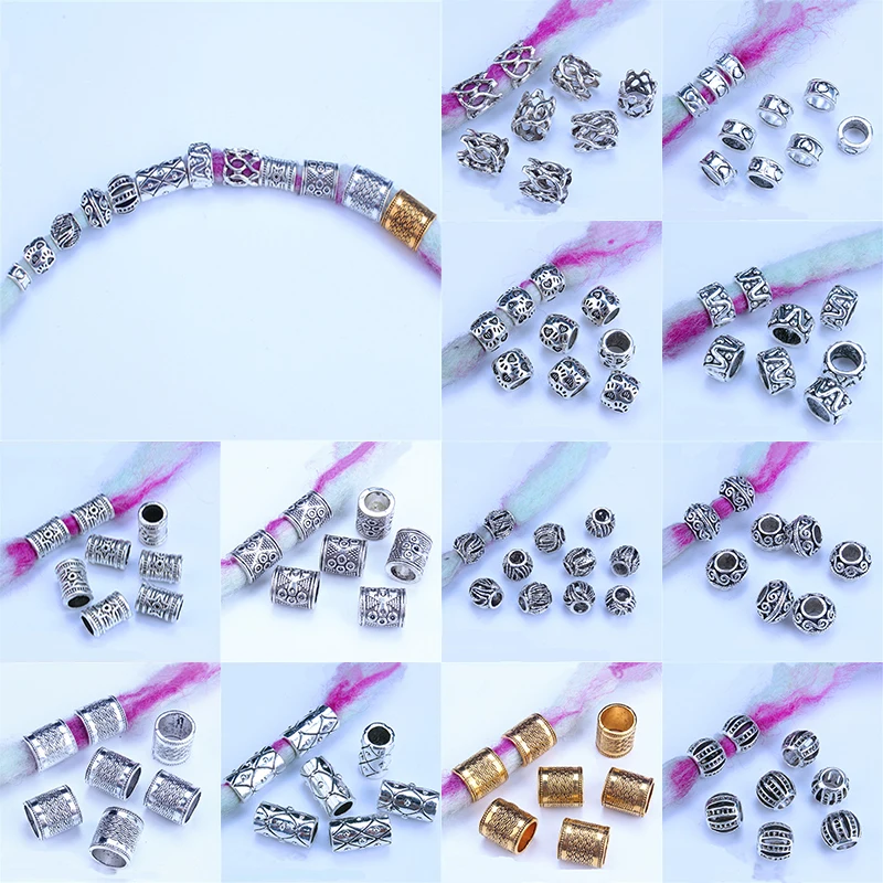 Ensemble de 5 anneaux de cheveux en argent et or, perles de tresse, Dreadlock, accessoires de cheveux Vintage antiques, Clips, trou d'environ 6mm pour la fabrication de bricolage