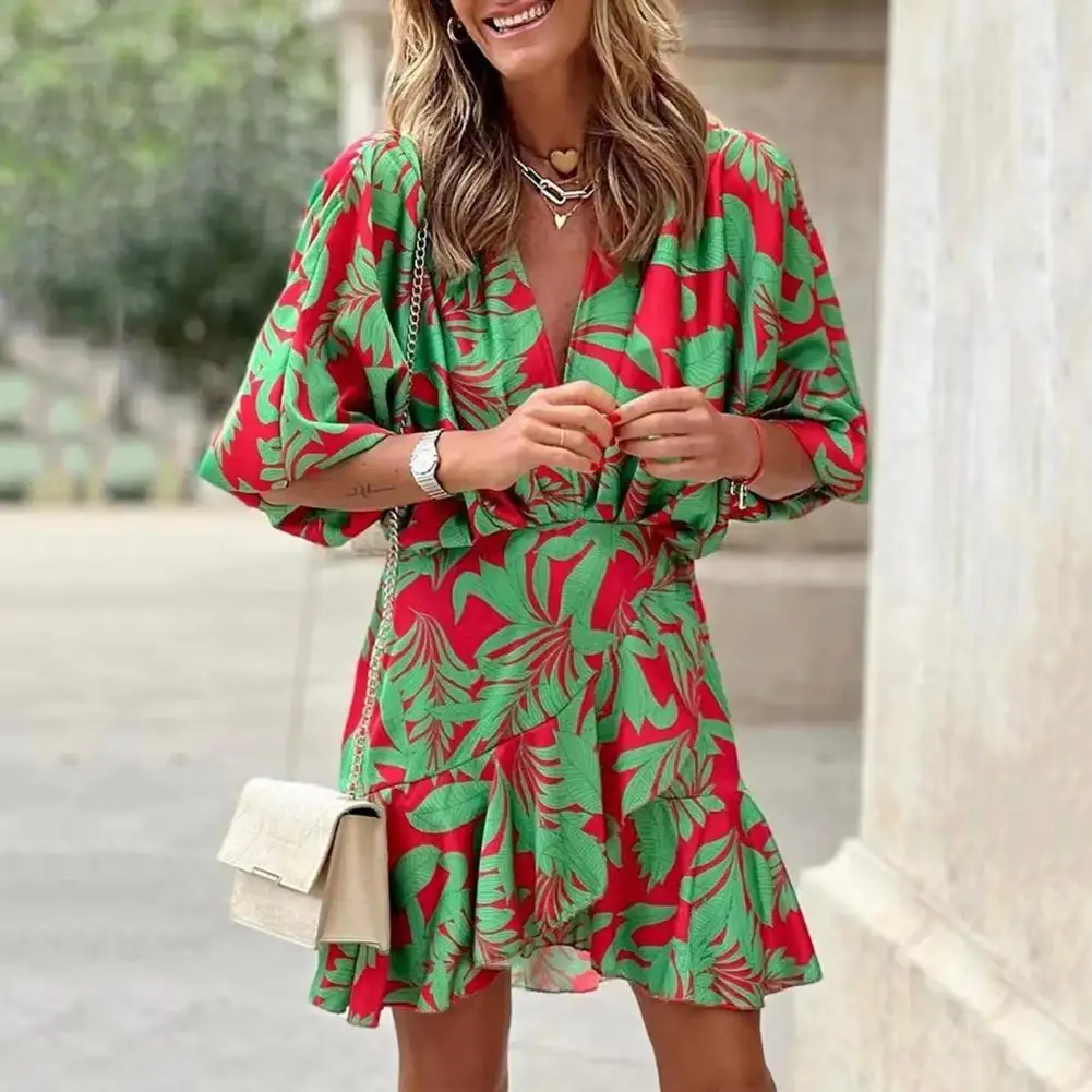 Spring Summer Bat Sleeves V-Neck Hem Irregular Dress Half Dolman Sleeves V-neck Summer Dress Loose High Waist Beach Mini Dress