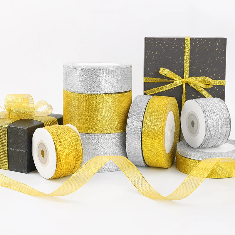 22meters/roll 6/10/15/20/25/40/50mm Gold silver Glitter Ribbon Wedding Cake Gift Decoration Craft Supplies Organza DIY Ribbon