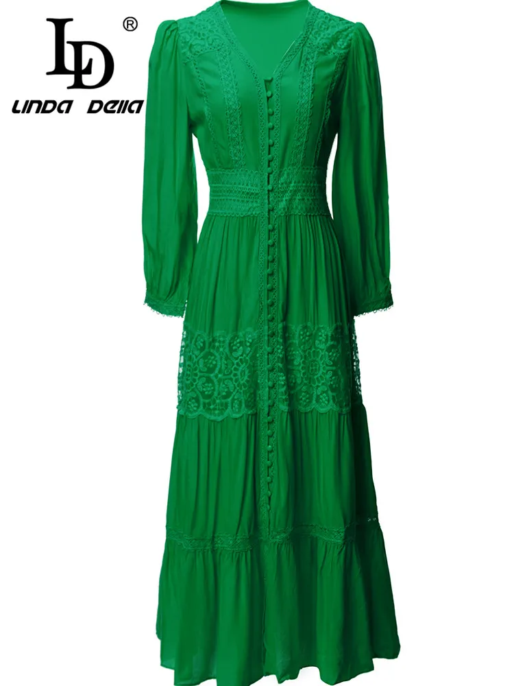 LD LINDA DELLA Fashion Runway Spring Dress Women V Neck Lantern sleeve Lace Hollow Single-breasted Green Midi Dress