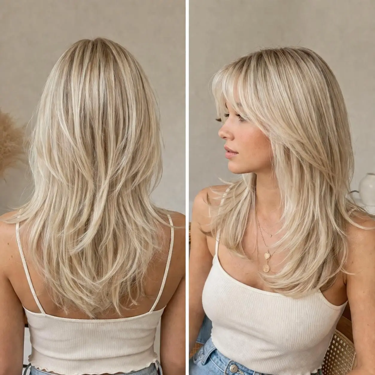 18-inch long straight blonde wig with bangs, made of synthetic hair, multi-layered design, suitable for women's daily wear