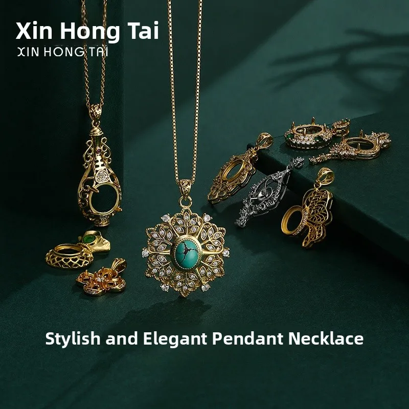 

Легкий роскошный кулон в стиле ретро Court Sle, держатель в стиле ампир, ручная работа, сделай сам, встроенный янтарь, бирюзовый лазурит, подвеска из 8-каратного золота...