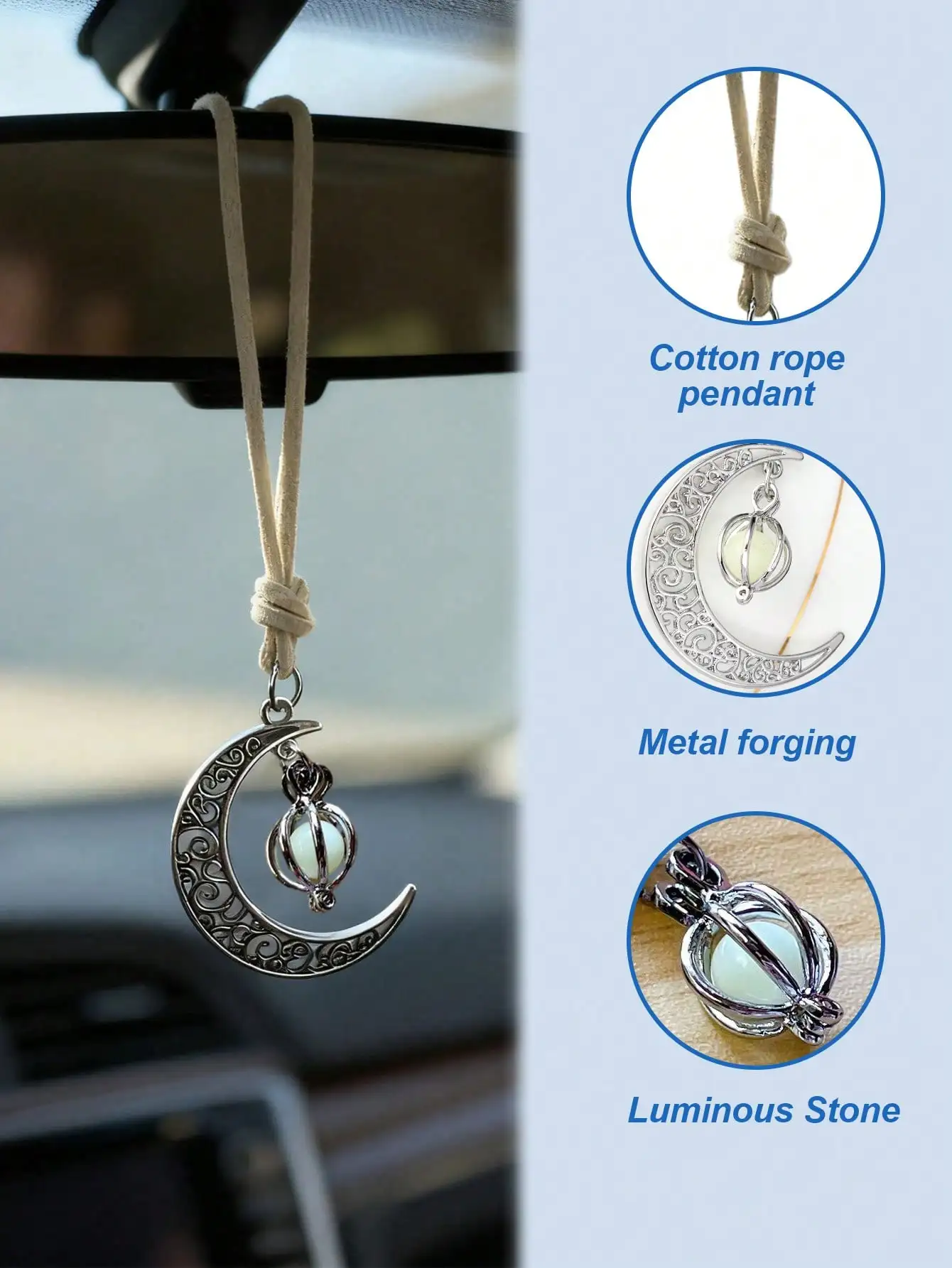 Luminous Moon Pendant Car Hanging Ornament – Hollow Crescent Design, Inlaid with Luminous Stone, Elegant Rearview Mirror Decor image 4