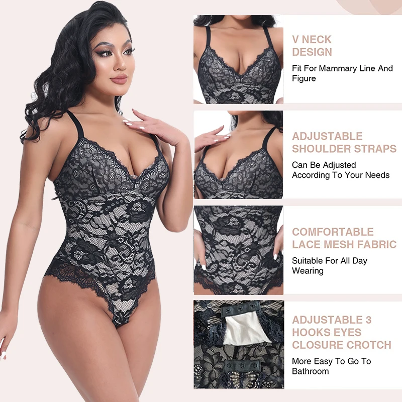 V-Neck Camisole Bodysuit Compression Body Shaper Women Lace Shapewear Slimming Waist Postpartum Corset Thong Underwear Plus Size