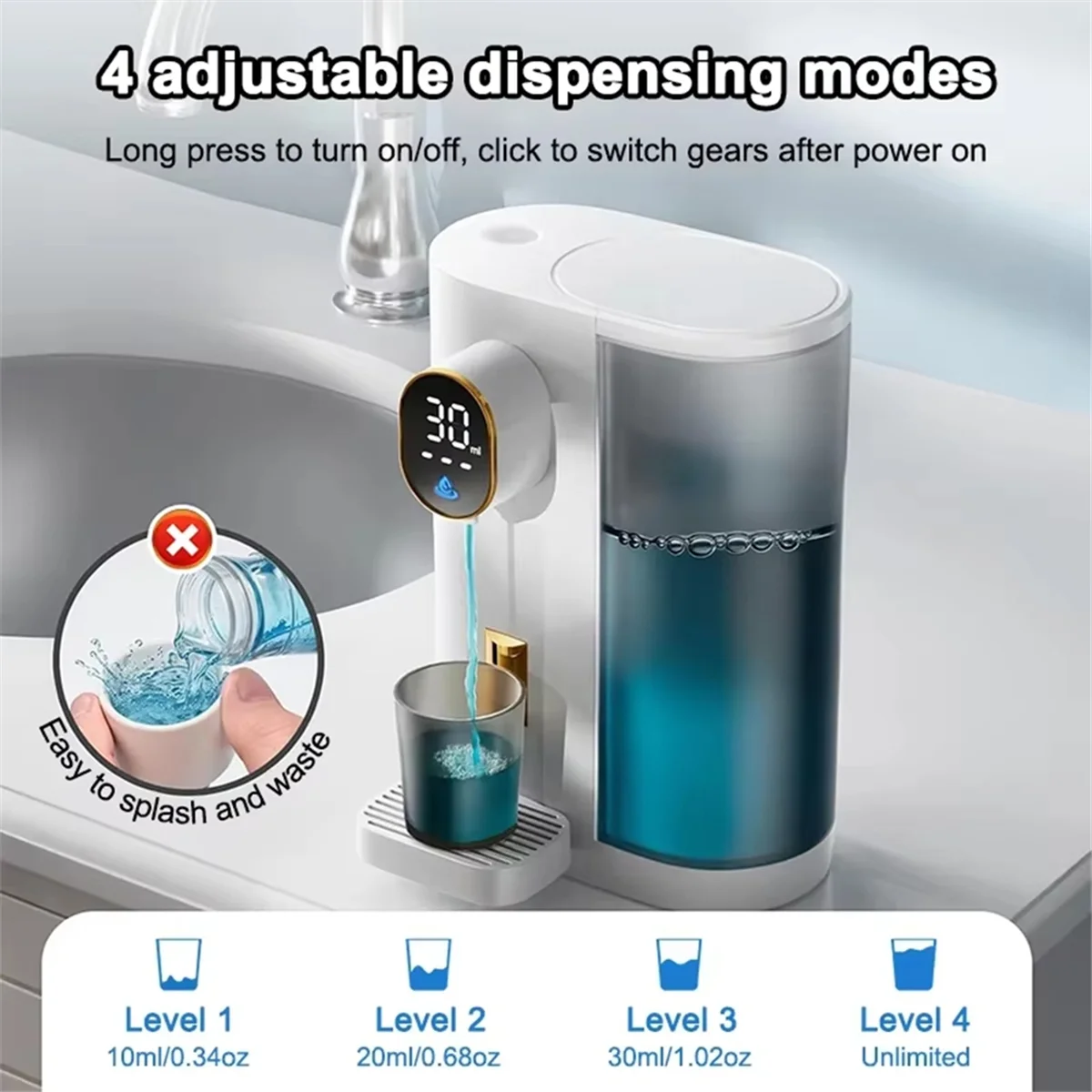 NEW 600ML Automatic Mouthwash Dispenser, Wall Mounted with 4 Adjustable Levels, Includes Cup & Magnetic Holder for Bathroom