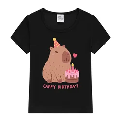 Cute Capybara And Cake Happy Cappy Birthday Kids T-Shirt Print Girls Clothes Child T-shirt White Short Sleeve Tee 1-12 Year