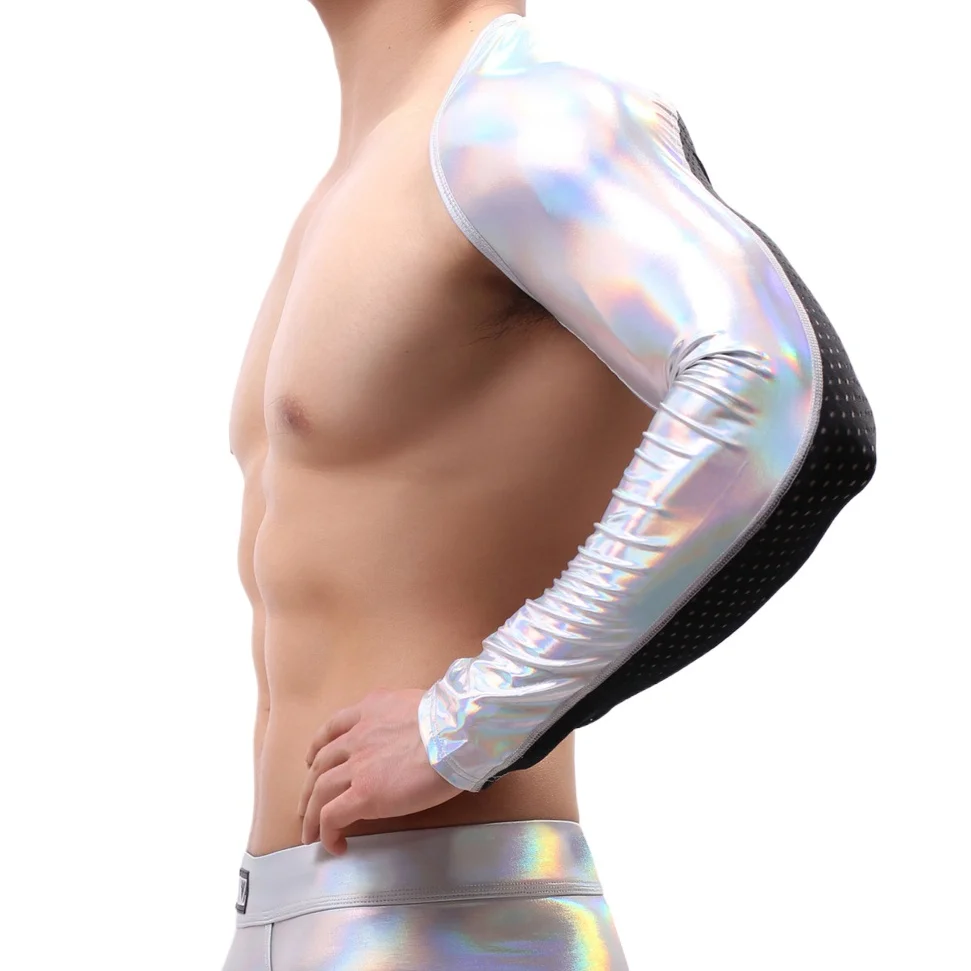 

New Fashion Silvery Faux Leather Man Sexy Designer Fitness Crop Tank Tops Gay Male Funny Compression Half Vest Stage Costume