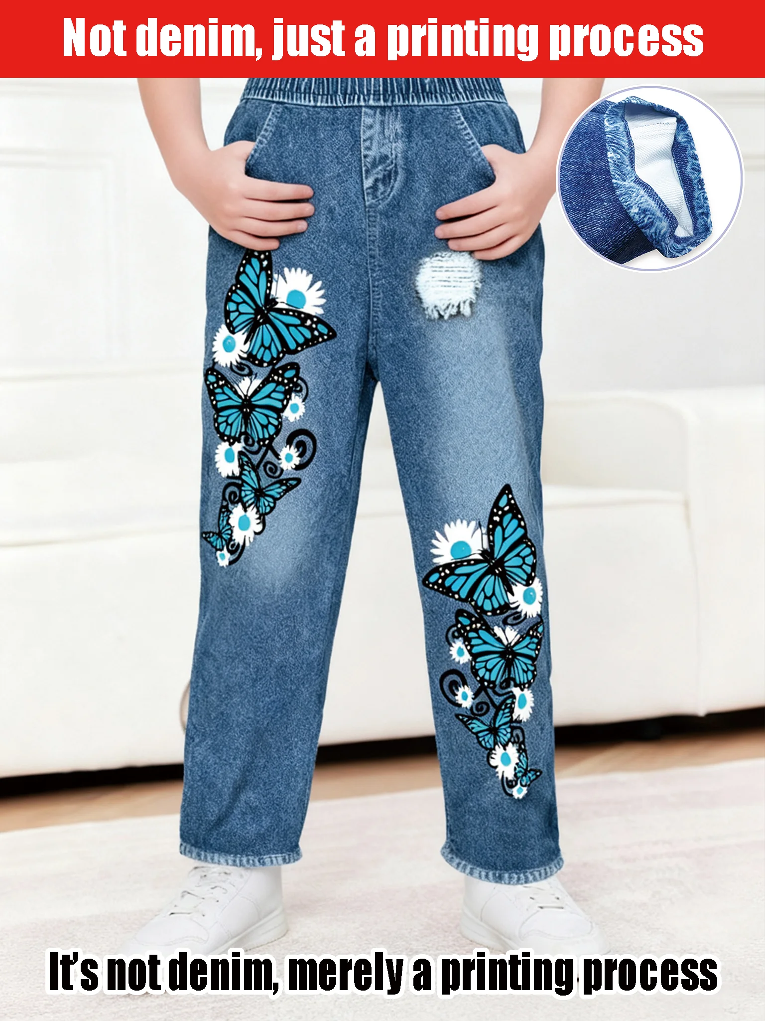 

2026 New Women's Butterfly Printing Simulation Jeans, Spring and Autumn Elastic Waist Imitation Denim Trousers