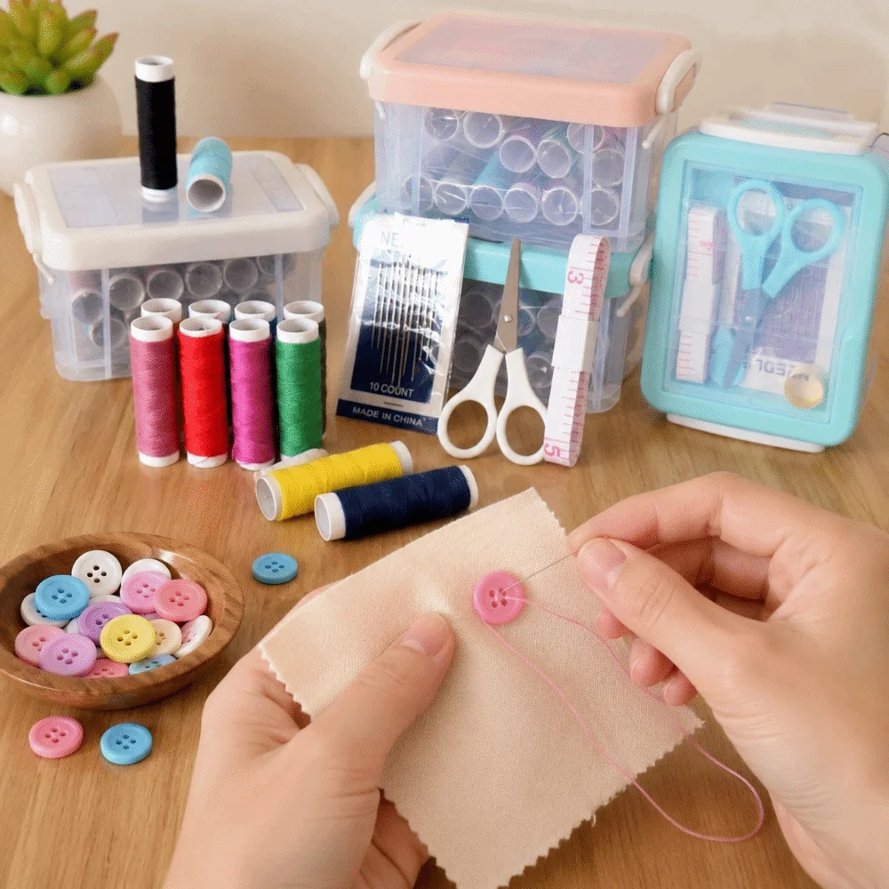 18pcs Space Saving DIY Sewing Tool Kit Portable Three-Layer Sewing Kit Box Large Capacity Needlework Box Home Sewing