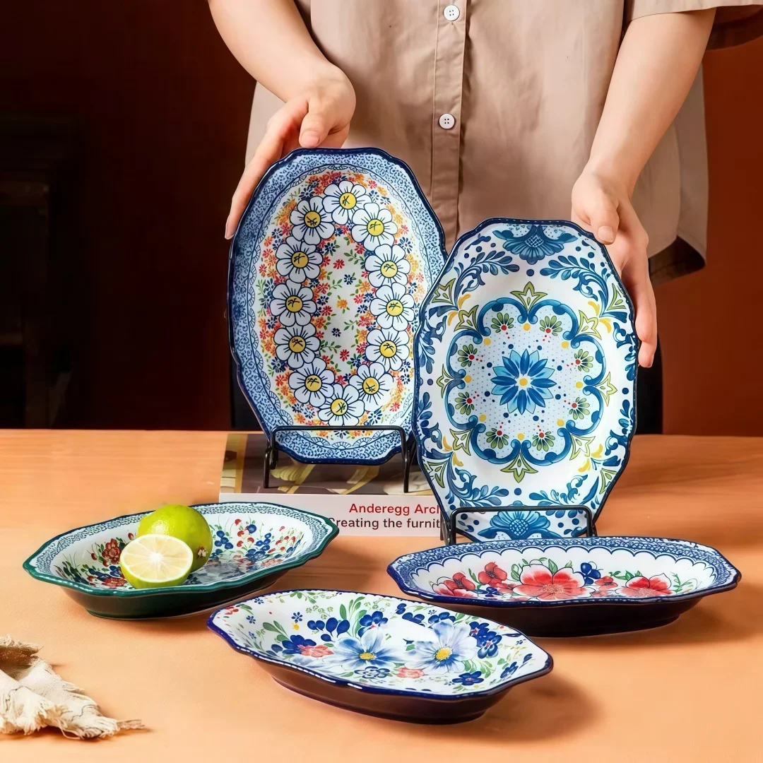 Boho Sunflower Daisy Ceramic Oval Platter - Polish Pottery Serving Plate, Baking Dish, Fruit Salad Plate