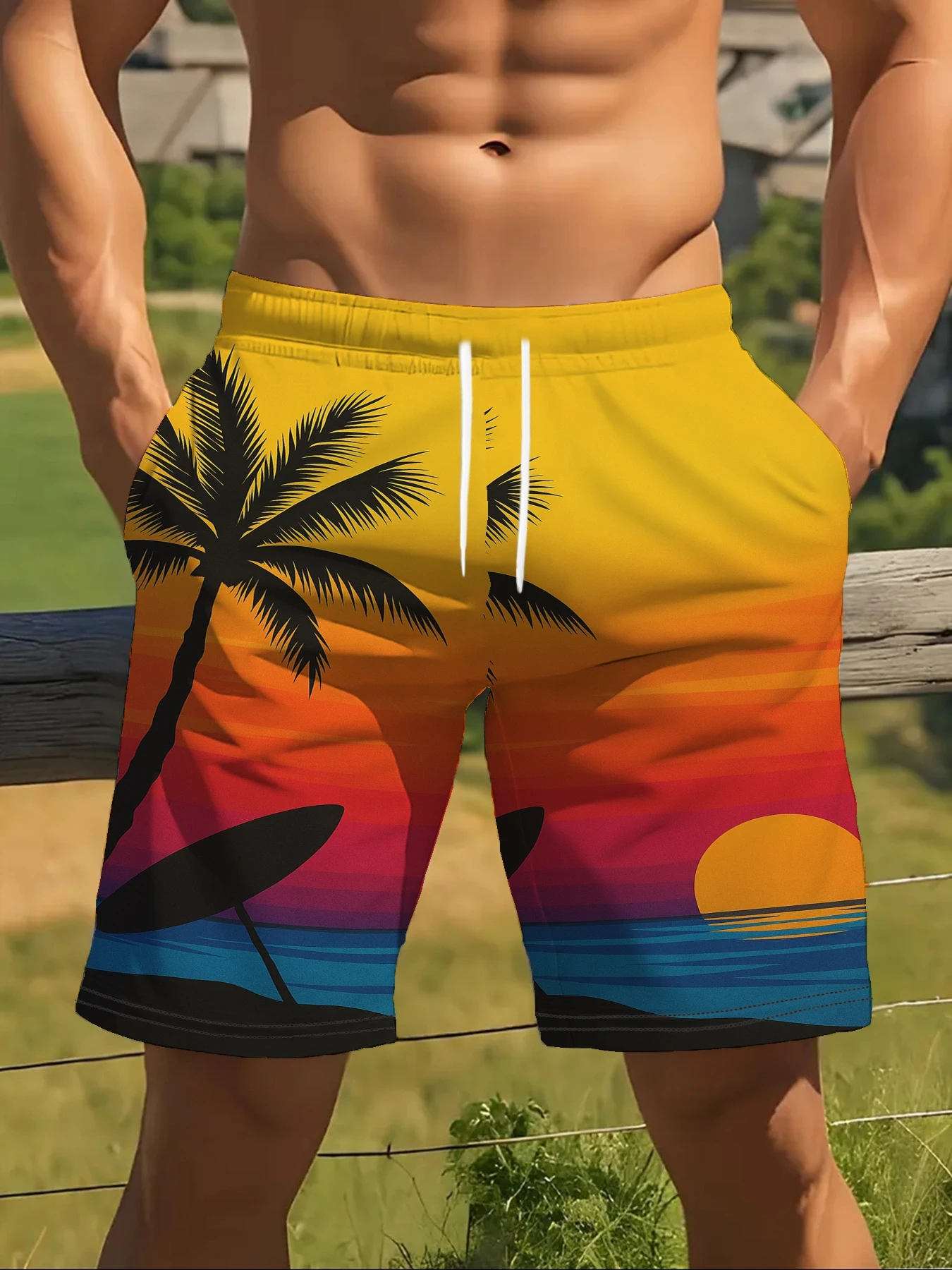 Men's Summer Quick Dry Swim Shorts, Sunset Gradient Palm Tree Surfboard Print Drawstring Beach Board Shorts with Pockets