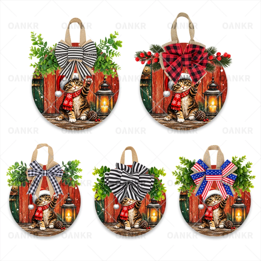 1PC Christmas Wooden Door Wreath, 5 Bow & Greenery Style Options, Merry Christmas Winter Round Front Door Hanger for Porch, Entryway & Farmhouse Wall Decor, Classic Signs Christmas Cat With Lantern Pattern, 2D Flat, 12x12 Inches