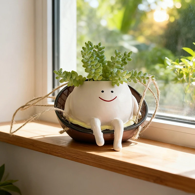Adorable Happy Face Swing Resin Hanging Planter Whimsical Cartoon Character Flower Pot for Small Plants Succulents and Aesthetic