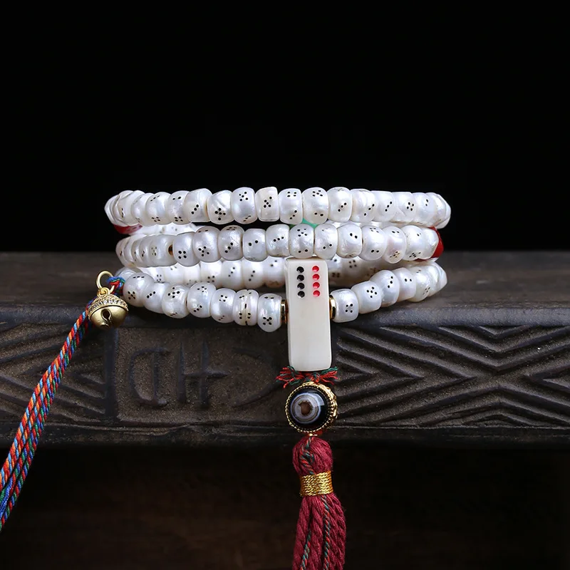 Old Pearl 108 Buddhist Prayer Carved Dice Bone Three-Way Agate Dzi Beads Material Accessories
