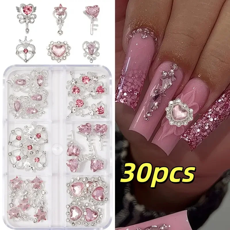 30 قطعة ثلاثية الأبعاد القلب ستار حجر الراين مسمار الزينة Y2K الفضة الوردي الاكريليك مسمار الفن Charms مجموعة DIY بها بنفسك مانيكير مجوهرات اكسسوارات