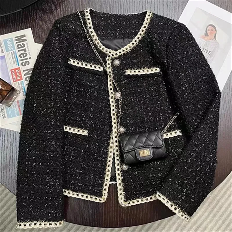 

Black Short Small Fragrance Jacket Women Coat Tweed Gold Thread Woven Overwear Casual Suit Jackets Female 2023 Spring Autumn New