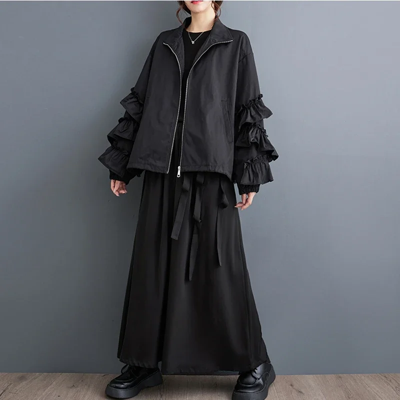 

Women's Black Solid Color Ruched Jacket Casual Loose All Match Oversize Fashion Standing Vintage Collar Coat XQ46