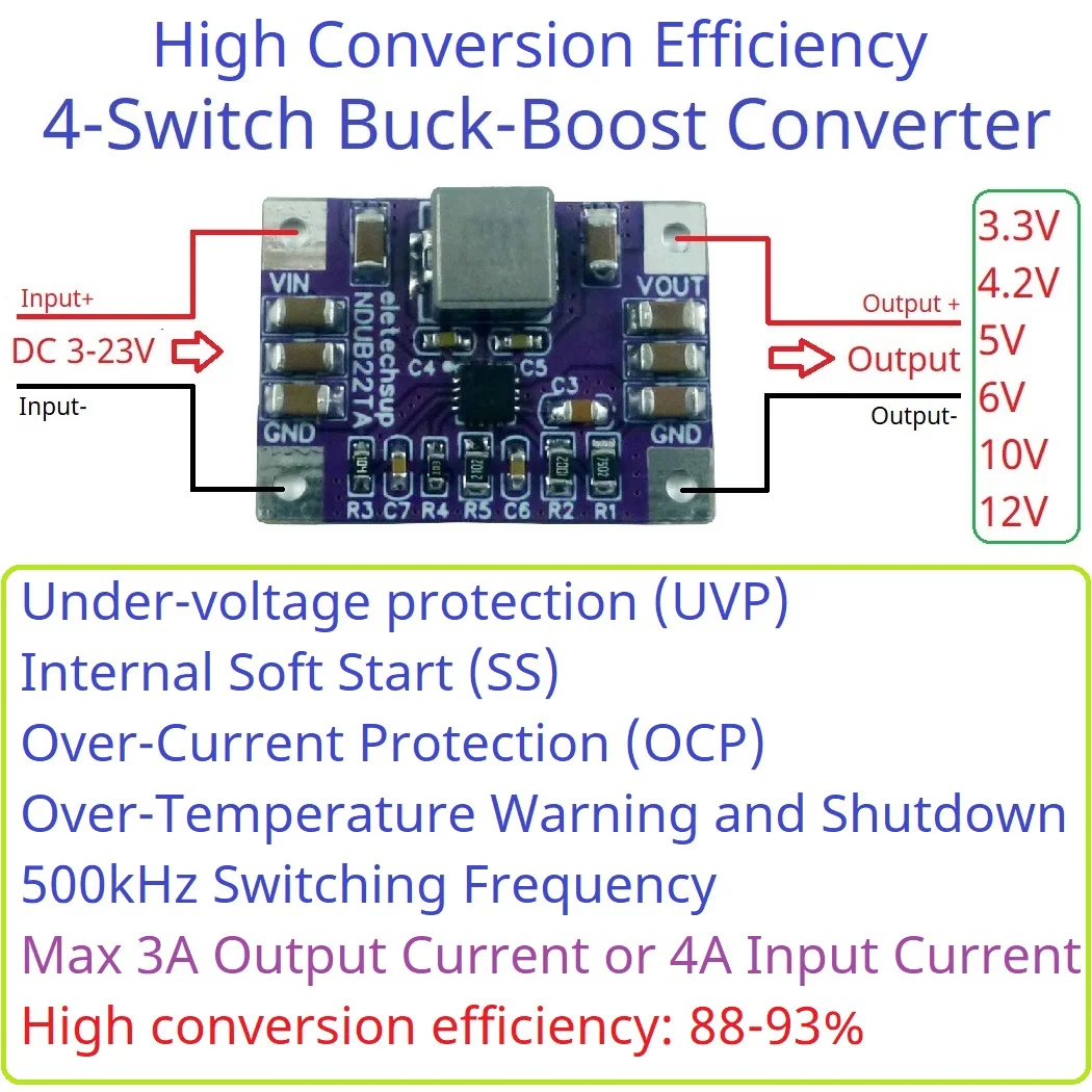 High-Efficiency 3A Synchronous Buck-Boost Voltage Regulator for Solar Lead-acid Batteries DC 3-23V to 3.3V 4.2V 5V 6V 10V 12V