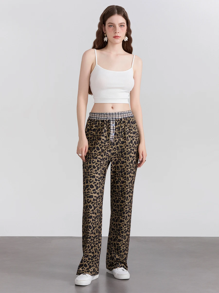 Womens Long Pants Elastic Waistband Leopard Houndstooth Print Single-breasted Casual Trousers