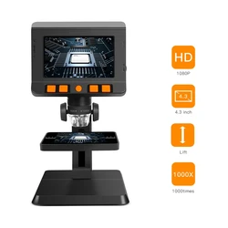 4.3'' IPS LCD Digital Microscope Camera 1-1000X Zoom HD1080P Video Microscopes Monitor 8 LED Electronic Magnifier Liftable Stand