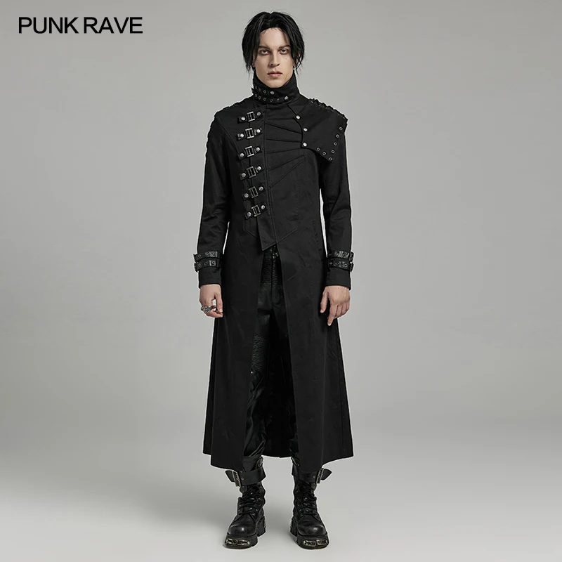 

PUNK RAVE Men's Punk Textured Asymmetrical Segmented Splicing Design Long Jacket Detachable Shoulder Decoration Casual Coat