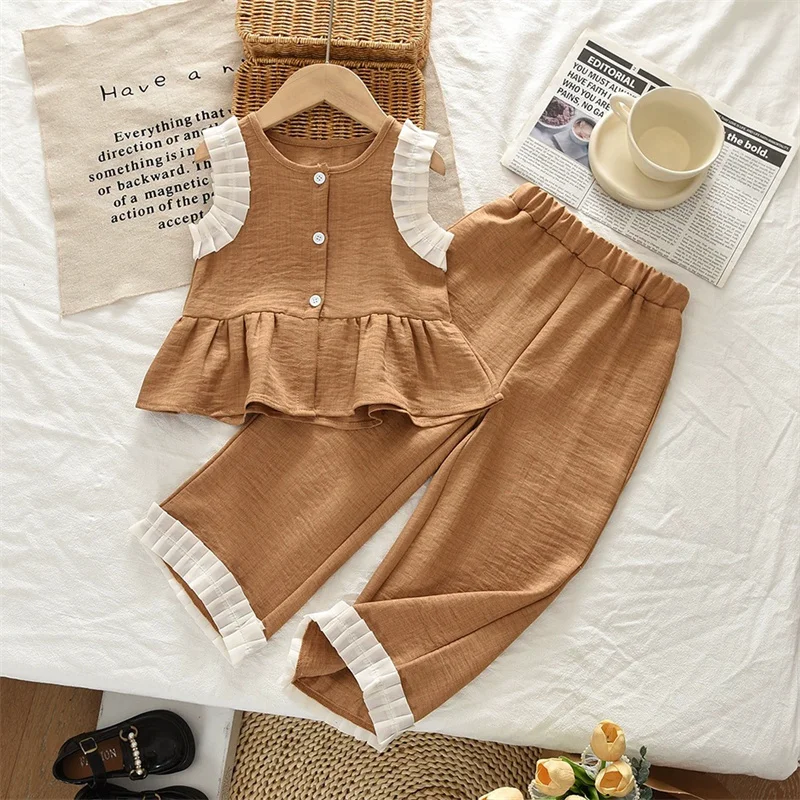 Girls' Fashion Set Summer Loose Suit Children's Sleeveless Top Trousers 2Piece New Casual Outfits Teen Solid-Colour Clothing
